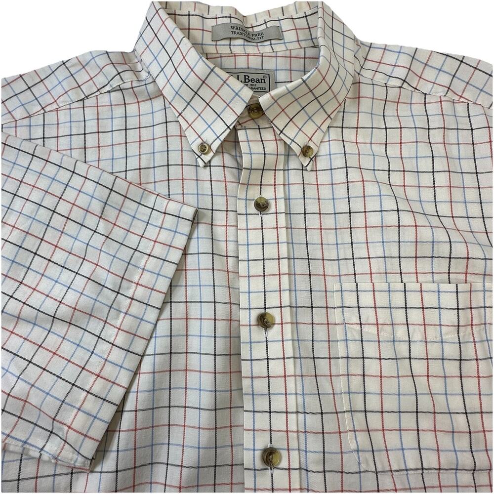 LL Bean Mens L Reg Beige Wrinkle Resistant Plaid Button Down Shirt Short Sleeve
